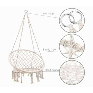 Hammock Hanging Swinging Chair,Hanging Cotton Rope Swing Chairs with Cushion and Hardware Kits, Hanging Chairs for Indoor Balcony and Outdoor Use,Perfect for Bedroom, Porch, Kids, Adults, (330 Lbs)