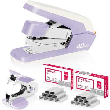 Deli Effortless Desktop Stapler, Heavy Duty Stapler, 40-50 Sheet Capacity, One Finger, No Effort, Includes Staples & Staple Remover, Violet