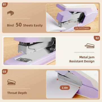 Deli Effortless Desktop Stapler, Heavy Duty Stapler, 40-50 Sheet Capacity, One Finger, No Effort, Includes Staples & Staple Remover, Violet