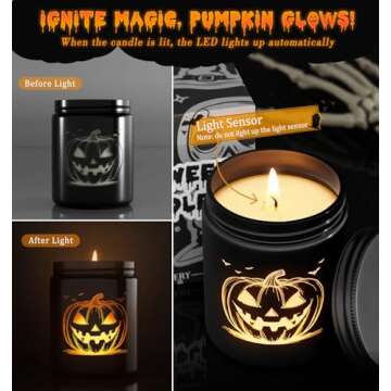 Halloween Candle with LED Pumpkin Face, Halloween Decor Fall Candle with Pumpkin Spice Scent, Pumpkin Candle Over 40 Hours of Burn Time, Gift for Halloween Decorations Indoor, 100% Soy Wax