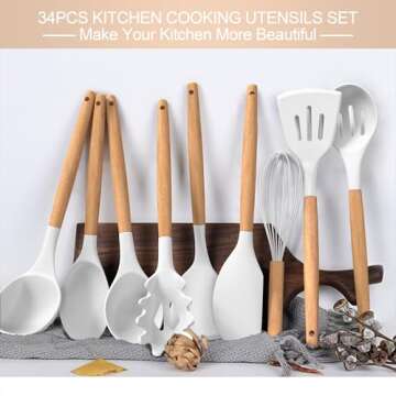 Silicone Cooking Utensils Set, 43Pcs Non-Stick Heat Resistant Kitchen Utensils Spatula Set with Wooden Handle for Baking, Cooking, and Mixing, Best Kitchen Gadgets Tools with Holder (White)