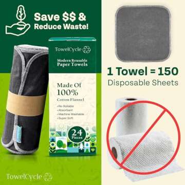 TOWELCYCLE Reusable Paper Towels (24 Pack) - 100% Cotton Hand Towels for Kitchen - Zero Waste Cleaning Cloths - Washable Paper Towels - Reusable Napkins Paper Towel Alternative - Eco Friendly Gifts