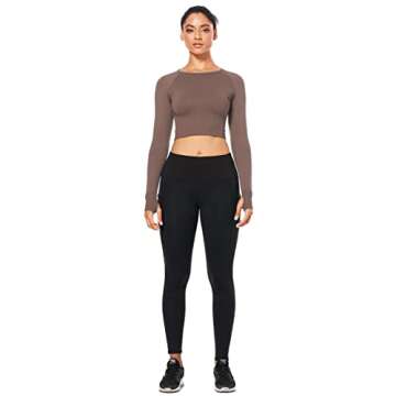 FREEYE Long Sleeve Seamless Workout Crop Tops with Thumb Holes, Yoga Running Gym Cropped Shirt Athletic Fitness Exercise Trendy Fall Going Out Female Round Neck Sportswear Moisture Wicking Brown Large