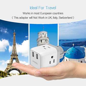 TESSAN Type E F Plug Adapter, France Germany Power Adapter with 2 USB 3 American Outlets, Schuko European Travel Plug Adaptor for US to Europe German Frence Iceland Spain Russia Poland EU