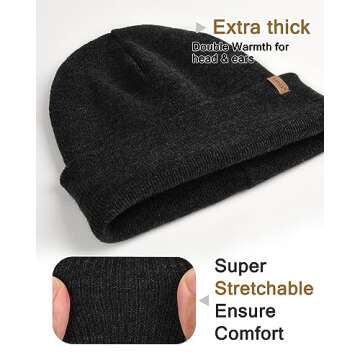 FURTALK Mens Beanie Fleece Lined Winter Hats Double Layered Stylish Knited Cuffed Plain Hat Dark Grey