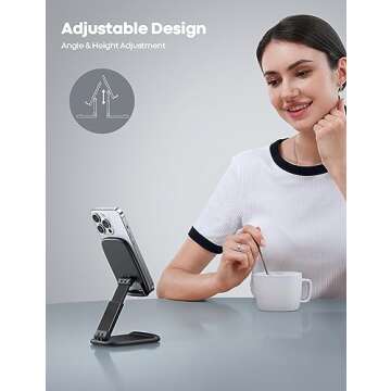 Lamicall Foldable Phone Stand for Desk - Height Adjustable Cell Phone Holder Portable Cellphone Cradle Desktop Dock Compatible with iPhone 16 15 14 13 Pro Max Mini, 12 11 XR X 8 Plus SE, Smartphone