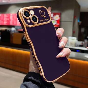 LCHULLE for iPhone 14 Case for Women Girls, Cute Wave Frame Curly Shape with Love Heart Pattern Raised Camera Protection Cover Luxury Plating Shockproof Phone Case for iPhone 14, Dark Purple