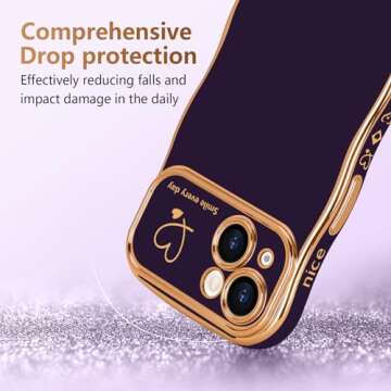 LCHULLE for iPhone 14 Case for Women Girls, Cute Wave Frame Curly Shape with Love Heart Pattern Raised Camera Protection Cover Luxury Plating Shockproof Phone Case for iPhone 14, Dark Purple