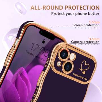 LCHULLE for iPhone 14 Case for Women Girls, Cute Wave Frame Curly Shape with Love Heart Pattern Raised Camera Protection Cover Luxury Plating Shockproof Phone Case for iPhone 14, Dark Purple