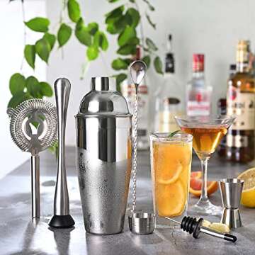 ETENS Cocktail Shaker Set Stainless Steel & Bar Set, Bartender Kit Mixology Drink Mixer, Bartending Tools Gifts: Martini Shaker 24oz, Muddler, Strainer, Measuring Jigger, Alcohol Pourer, Mixing Spoon