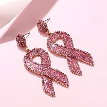 Glitter Rhinestone Pink Ribbon Drop Earrings Beaded Breast Cancer Awareness Earrings Jewelry for Women Breast Cancer Survivor Support Jewelry Gifts (Glitter rosy)