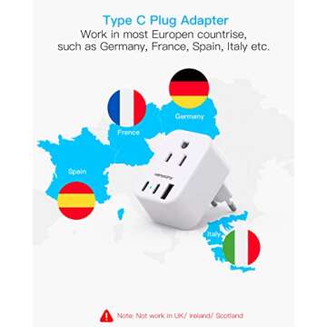 European Travel Plug Adapter USB C, International Plug Adapter, US to Europe Plug Adapter with 2 Outlets 3 USB Ports(2 USB C), Type C Power Adapter to Italy Spain France Portugal Iceland Germany