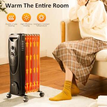 Antarctic Star Oil Filled Radiator Heater, 1500W Portable Electric Space Heater, Adjustable Thermostat, 3 Heat Settings,Tip Overheat Protection Quiet Working, Black