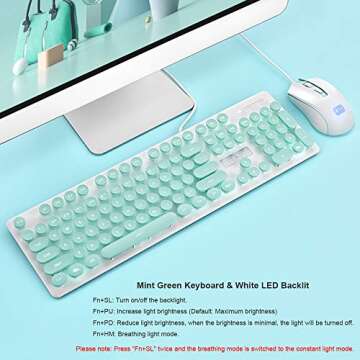 LexonElec Wired Keyboard and Mouse Combo,104 Keys White LED Backlit Punk Keycap Ergonomic Pro Gaming Keyboard,1600DPI 4 Buttons Optical Gaming Mice for Laptop PC (Mint Green)