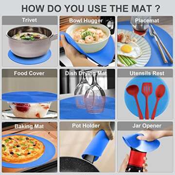 2 in 1, Aidacom Microwave Mat & Food Cover- Mat as Bowl Holder, Cover for Splatter Guard, Multi-use: Silicone Trivet, Pot Holders, Drying, Baking, Place Mat, Utensils Rest for Kitchen Counter, Blue