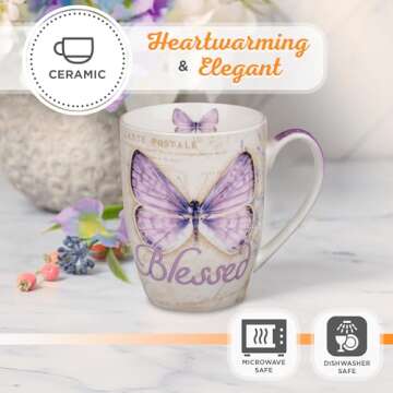 Christian Art Gifts Botanic Purple Butterfly Ceramic Coffee Mug Inspirational Coffee Cup for Women & Men 12 oz. Lead-free Microwave and Dishwasher Safe Coffee Mug with Bible Verse: Blessed - Jer. 17:7