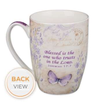 Christian Art Gifts Botanic Purple Butterfly Ceramic Coffee Mug Inspirational Coffee Cup for Women & Men 12 oz. Lead-free Microwave and Dishwasher Safe Coffee Mug with Bible Verse: Blessed - Jer. 17:7