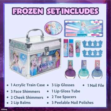 Disney Frozen Train Case Girls Beauty Set, Kids Makeup Kit for Girls, Real Washable Toy Makeup Set, Frozen Gift, Play Makeup, Pretend Play, Party Favor, Birthday, Toys Ages 3 4 5 6 7 8 9 10 11 12