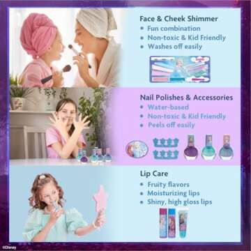 Disney Frozen Train Case Girls Beauty Set, Kids Makeup Kit for Girls, Real Washable Toy Makeup Set, Frozen Gift, Play Makeup, Pretend Play, Party Favor, Birthday, Toys Ages 3 4 5 6 7 8 9 10 11 12