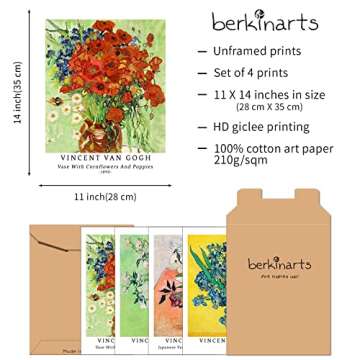 Berkin Arts Wall Art Unframed Prints Giclee Art Paper Set of 4, 11x14 inch Flower Artwork, College DecorationBotanical Plant Colorful Elegant Floral Vase Unique Present Vincent Van Gogh Posters