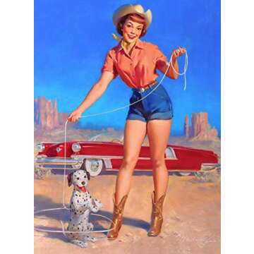 TYmall Wall Art Metal Hanging Sign 1940s Pin-Up Girl Cowgirl Roping The Dalmation Puppy Dog Poster Pin Up Vintage Retro Wall Tin Sign 8X12 Inch