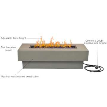 BAIDE HOME Outdoor Low Profile Fire Table, 48-inch Rectangle Propane Gas Fire Pit Table, 50,000 BTU Modern Firepit w/Lid, Fire Glass, Cover, Pre-Attached 10ft Propane Hose, Flint Gray