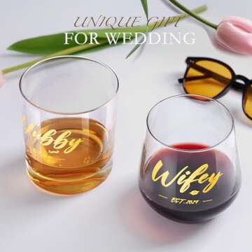 LUXULISH Wedding Gifts for Couples, Hubby & Wifey EST 2024 Wine Glasses Set, Bridal Shower Gifts, Unique Gift for Newlyweds, Bride, Groom, Mr and Mrs, Just Married Couples, Engagement