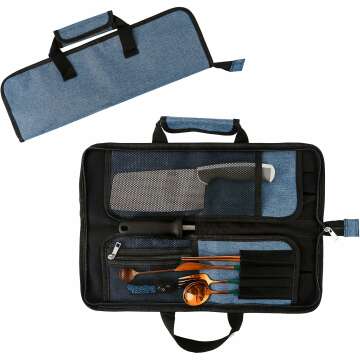 Chef’s Knife Roll Bag, Heavy Duty Oxford Chef Knife Bag, Portable 13 Slots Chef Knife Case, Multi-function Cutlery Knives Pouch Holder Knife Wrap Wallet Tool Roll (Blue)