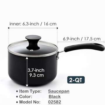 Cook N Home Nonstick Sauce Pan with Glass Lid 2-Qt, Multi-purpose Pot Saucepan Kitchenware, Black, Aluminum