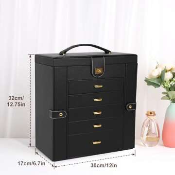 Kendal Extra Large Jewelry Box Jewelry Case PU Leather 6 Tier 5 Drawers Large Storage Capacity with Mirror Jewelry Storage Organizer Great Gift Also Good For Watches LJC-SHD5BK (black)