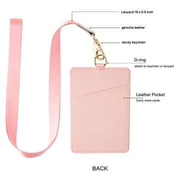 Badge Holders,Leather ID Badge Holder,Vertical Leather ID Badge Card Holder with 1 Clear ID Window & 2 Elastic Credit Card Slot and 1 Detachable Neck Lanyard for Offices ID,School ID (Pink)