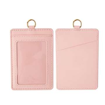 Badge Holders,Leather ID Badge Holder,Vertical Leather ID Badge Card Holder with 1 Clear ID Window & 2 Elastic Credit Card Slot and 1 Detachable Neck Lanyard for Offices ID,School ID (Pink)