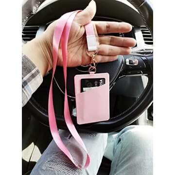 Badge Holders,Leather ID Badge Holder,Vertical Leather ID Badge Card Holder with 1 Clear ID Window & 2 Elastic Credit Card Slot and 1 Detachable Neck Lanyard for Offices ID,School ID (Pink)