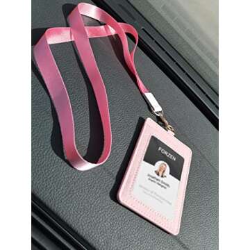 Badge Holders,Leather ID Badge Holder,Vertical Leather ID Badge Card Holder with 1 Clear ID Window & 2 Elastic Credit Card Slot and 1 Detachable Neck Lanyard for Offices ID,School ID (Pink)