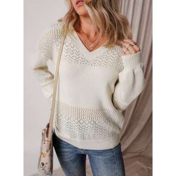 SHEWIN Womens Crochet Sweaters Long Sleeve V Neck Lightweight Sweater Hollow Out Cable Knit Pullover Jumper Fall Tops for Women 2024, US 4-6(S), White