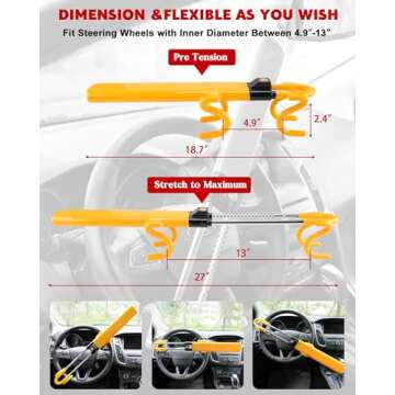 Tevlaphee Steering Wheel Lock - Heavy Duty Antitheft Device and Car Security Lock with Adjustable Locking and 3 Keys - Great Vehicle and Truck Deterrent (Yellow)