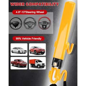 Tevlaphee Steering Wheel Lock - Heavy Duty Antitheft Device and Car Security Lock with Adjustable Locking and 3 Keys - Great Vehicle and Truck Deterrent (Yellow)