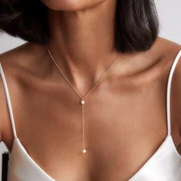 Long Pearl Necklaces for Women Trendy, 14k Long Gold Plated Dainty Pearl y Drop Necklace Pearls Lariat Necklace Simple Pearl Gold Wedding Necklace Pearl Gold Waterproof Jewelry for Women Non Tarnish