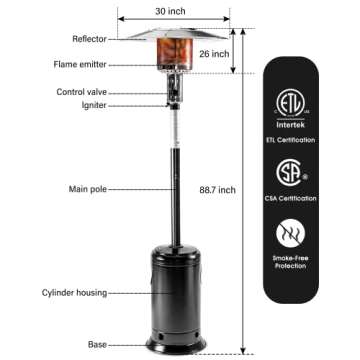 LEGACY HEATING 88inch standing heaters outdoor with wheels, stainless steel burne, Gas Propane Patio Heater for outdoor garden use, Hammered Black, 47000BTU, Powder Coated Finish