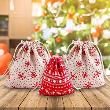 Reusable Fabric Gift Bags Are The Perfect Christmas Bags For Gifts - A Set Of 3 Eco Friendly Bags 2 x Medium Size 9.5x7.5 Inches & 1 x Small Size 6.5x5.5 Inches, Use Our Drawstring Christmas Gift Bags