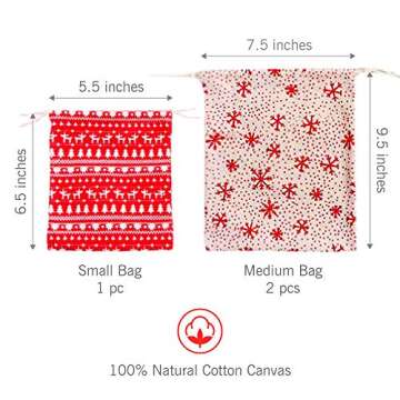 Reusable Fabric Gift Bags Are The Perfect Christmas Bags For Gifts - A Set Of 3 Eco Friendly Bags 2 x Medium Size 9.5x7.5 Inches & 1 x Small Size 6.5x5.5 Inches, Use Our Drawstring Christmas Gift Bags