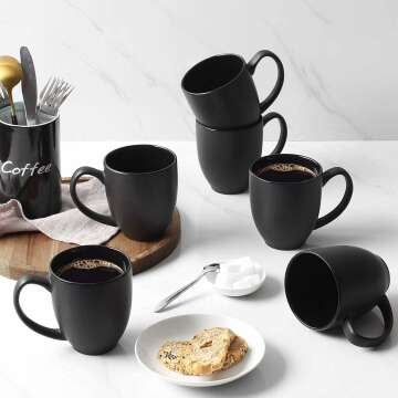 DOWAN Coffee Mugs, Black Coffee Mugs Set of 6, 16 oz Ceramic Coffee Cups with Large Handles, Porcelain Big Mug for Tea Latte, Housewarming Wedding Gifts