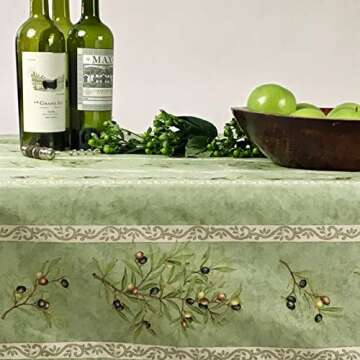 Amelie Michel Wipe-Clean Tablecloth in Olives, Green | Authentic French Acrylic-Coated 100% Cotton Fabric | Easy Care, Spill Proof [60" x 96" Rectangle]