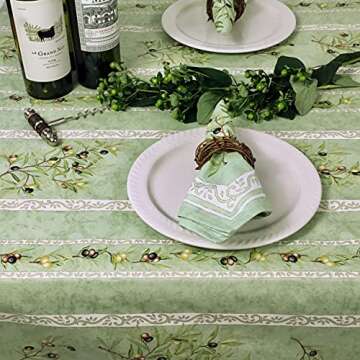 Amelie Michel Wipe-Clean Tablecloth in Olives, Green | Authentic French Acrylic-Coated 100% Cotton Fabric | Easy Care, Spill Proof [60" x 96" Rectangle]