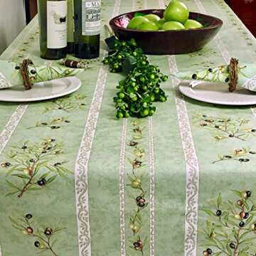 Amelie Michel Wipe-Clean Tablecloth in Olives, Green | Authentic French Acrylic-Coated 100% Cotton Fabric | Easy Care, Spill Proof [60" x 96" Rectangle]