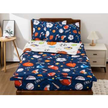 Meeting Story 3pcs Kids Comforter Sets Zipper Bedding Set for Boys,Twin Kid Bedding Set Basketball Football Baseball Comforter Sports Bedding Set for Kid,All in one Zipper Bedding（Navy,Twin）