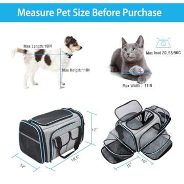 Airline Approved Pet Carrier, Large Soft Sided Pet Travel TSA Carrier 4 Sides Expandable Cat Collapsible Carrier with Removable Fleece Pad and Pockets for Cats Dogs and Small Animals