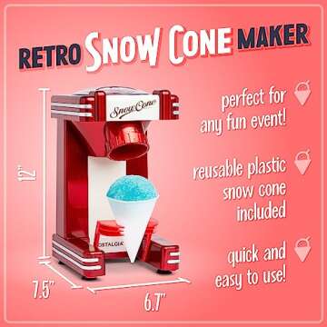 Nostalgia Snow Cone Shaved Ice Machine - Makes 20 Icy Treats - Includes 1 Reusable Plastic Cup - Retro Red