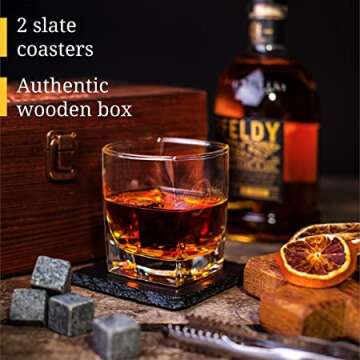 Gifts for Dad Fathers Day - Whiskey Glass Set of 2 - Whiskey Stones Gift Set - Scotch Bourbon Glasses - Whisky Rocks Chilling Stones in Wooden Box - Burbon Gift Set Idea for Wisky Lovers Men – Chilling Stones