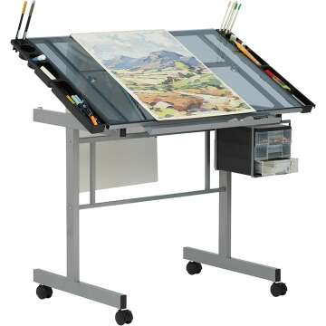Studio Designs Vision Craft and Drawing Station - 35.5" W by 23.75" D Silver-Blue Glass Top Drafting Table with Pencil Drawers, Side Trays, & Built-In Pencil Ledge - Angle Adjustable Work Surface